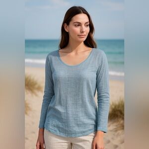 Nina Kendosa Paris Linen Sheer Long Sleeve Top Women’s Blue Boho Beachy Quiet